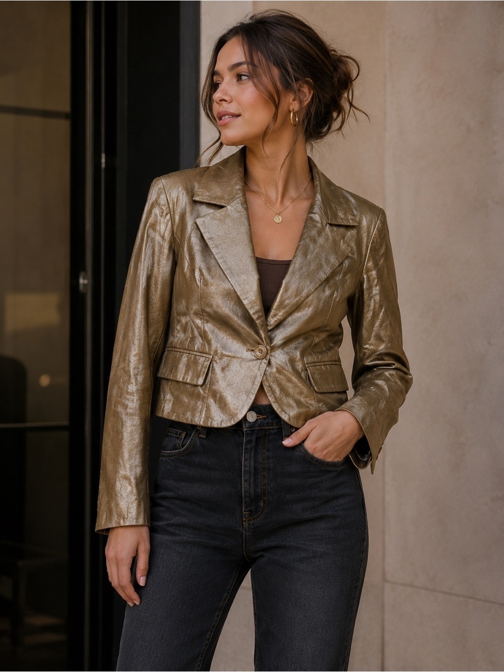 GUESS Metallic Taupe Beige Vintage Tailored Leather Blazer Size Medium Y2K Crop